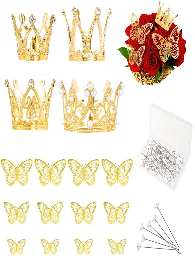 ishua 66PCS Flower Bouquet Accessories Gold, Cake Crown Topper, Mini Crowns Decoration for Birthday Wedding - Image 1