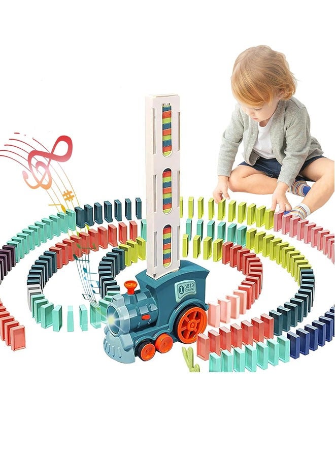 كيلا طقم ألعاب دومينو قطار دومينو للأطفال، 120 قطعة مكعبات دومينو أوتوماتيكية للبناء والتكديس ألعاب أطفال إبداعية هدية التعليم المبكر للأولاد والبنات من سن 3 4 4 5 6 سنوات (سماوي) - Image 1