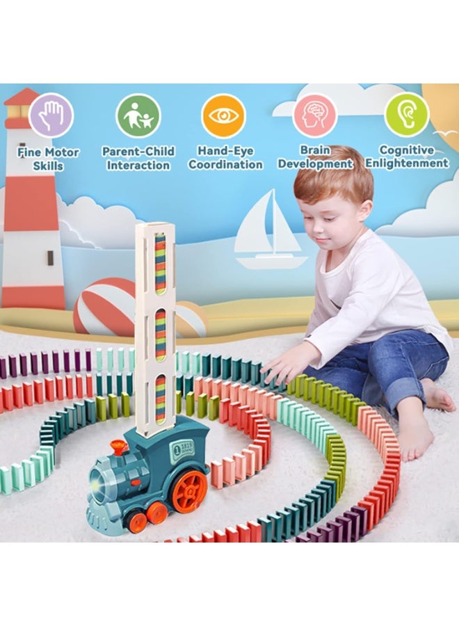 كيلا طقم ألعاب دومينو قطار دومينو للأطفال، 120 قطعة مكعبات دومينو أوتوماتيكية للبناء والتكديس ألعاب أطفال إبداعية هدية التعليم المبكر للأولاد والبنات من سن 3 4 4 5 6 سنوات (سماوي) - Image 4