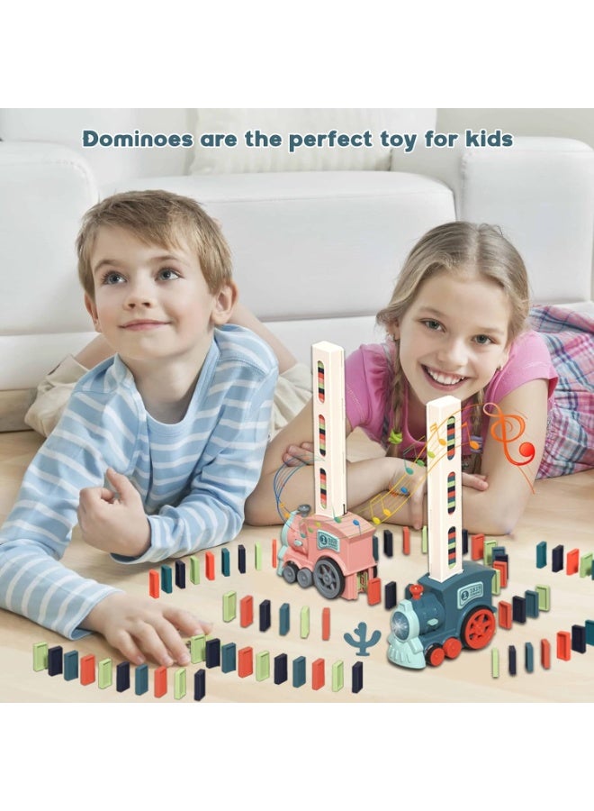 كيلا طقم ألعاب دومينو قطار دومينو للأطفال، 120 قطعة مكعبات دومينو أوتوماتيكية للبناء والتكديس ألعاب أطفال إبداعية هدية التعليم المبكر للأولاد والبنات من سن 3 4 4 5 6 سنوات (سماوي) - Image 3