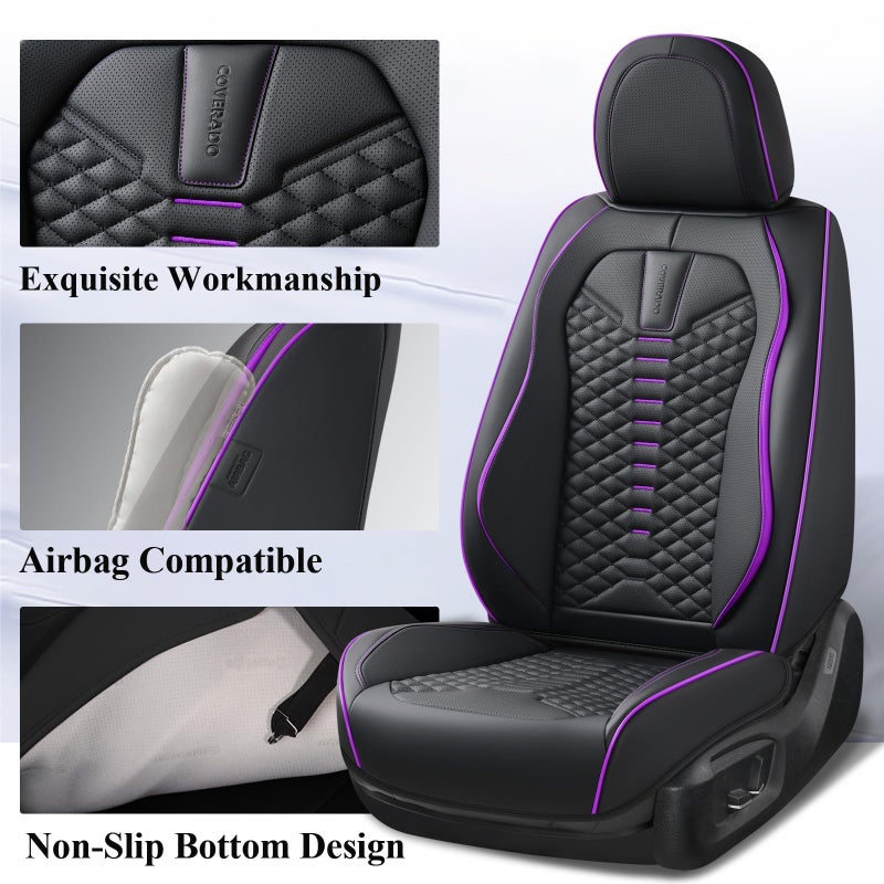 Coverado Leather Seat Covers, Car Seat Covers Full Set, Nappa Leather Seat Covers for Cars, Car Seat Protectors Waterproof, 5 Seats Black&Purple Automotive Seat Covers Fit for Most Cars Trucks - Image 4