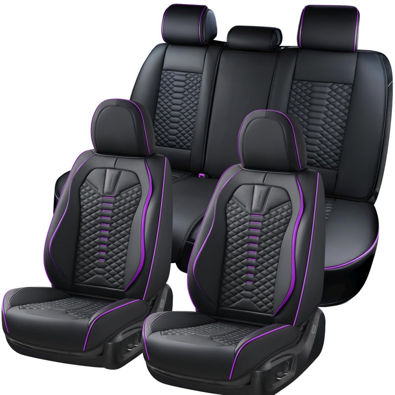 Coverado Leather Seat Covers, Car Seat Covers Full Set, Nappa Leather Seat Covers for Cars, Car Seat Protectors Waterproof, 5 Seats Black&Purple Automotive Seat Covers Fit for Most Cars Trucks - Image 1