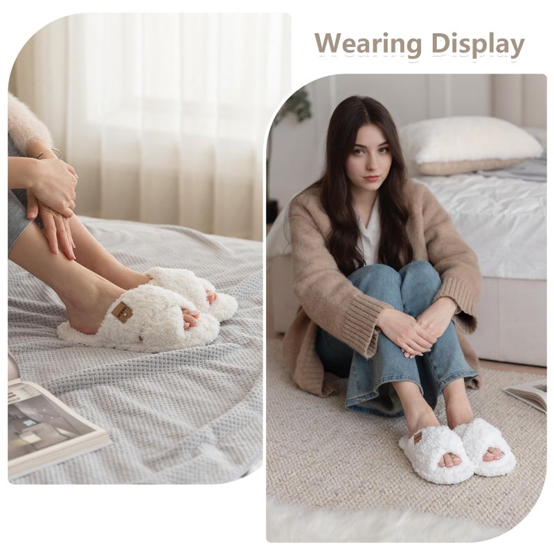 GOEWY Fuzzy Open Toe Slippers for Women Indoor and Outdoor with Memory Foam Cozy Cross Band Cute Slipper Soft House Shoes Slides Slip On Gifts for Women Mom Her Ladies Bridesmaid White - Image 2