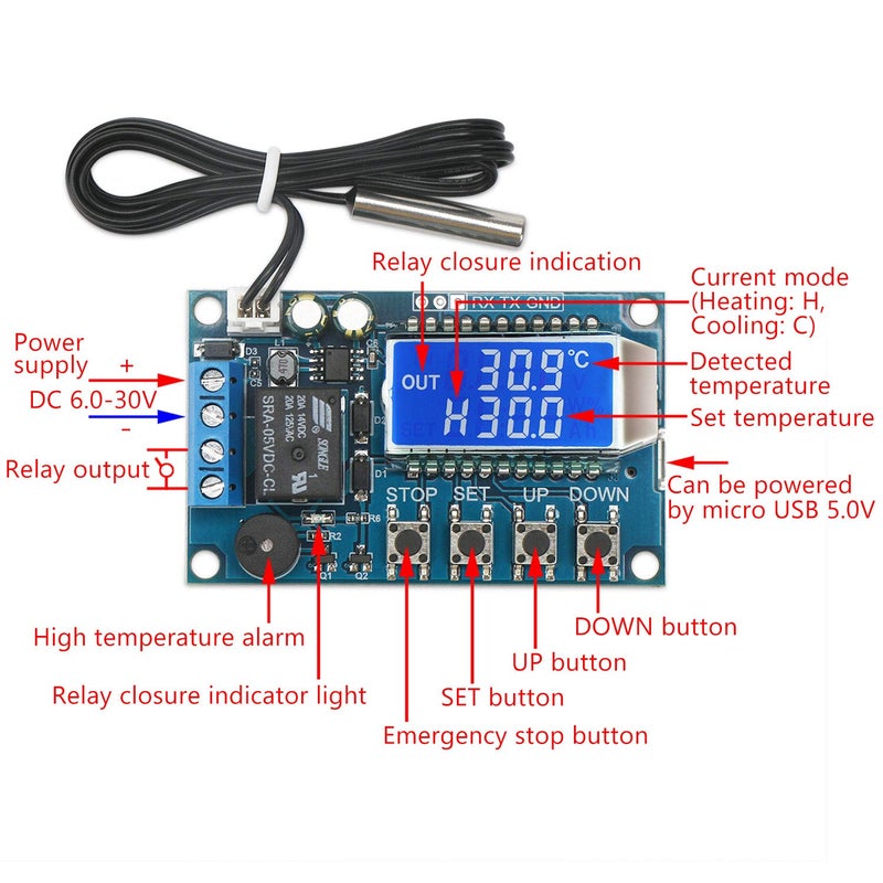 DROK Electronic Thermostat Controller 2pcs, DC 6-30V 24V Digital Temperature Control Board -50 to +110℃ High Accuracy LCD Digital Micro Temp Control Switch Module with Waterproof Sensor Probe - Image 2