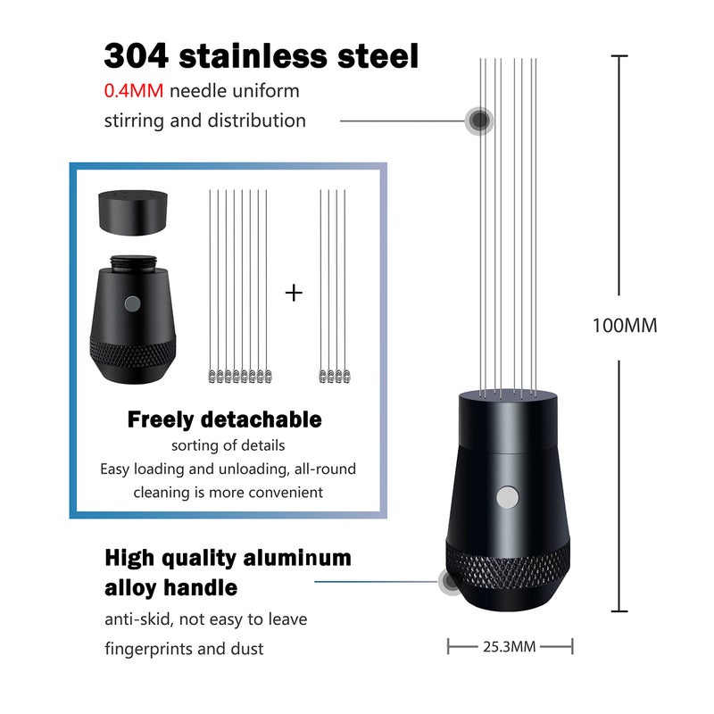 NEOUZA Coffee WDT Distribution Tool Accessories, Aluminum Handle Built-in Magnet Design,0.4mm 8 Stainless Needles, Espresso Powder Stirrer (Black) - Image 2