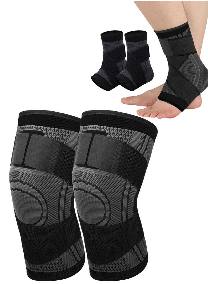 أس تس إل طقم ضغط الركبة وأكمام الركبة المكونة من قطعتين للرجال والنساء - كم دعم الركبة القابل للتعديل للجري وركوب الدراجات وكرة السلة + دعامة الكاحل لتخفيف التهاب اللفافة الأخمصية والكاحل الملتوي، وسادة الركبة السوداء - Image 1