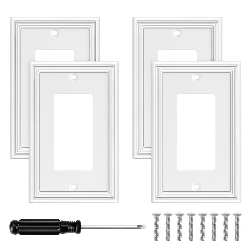 White Modern Decorative Wall Plate Light Switch Cover Decorator Outlet Covers Rocker Switch Plates Bamboo Fiber Material Wall Plates for Kitchen Bathroom 1 Gang Single Decorator4 Pack