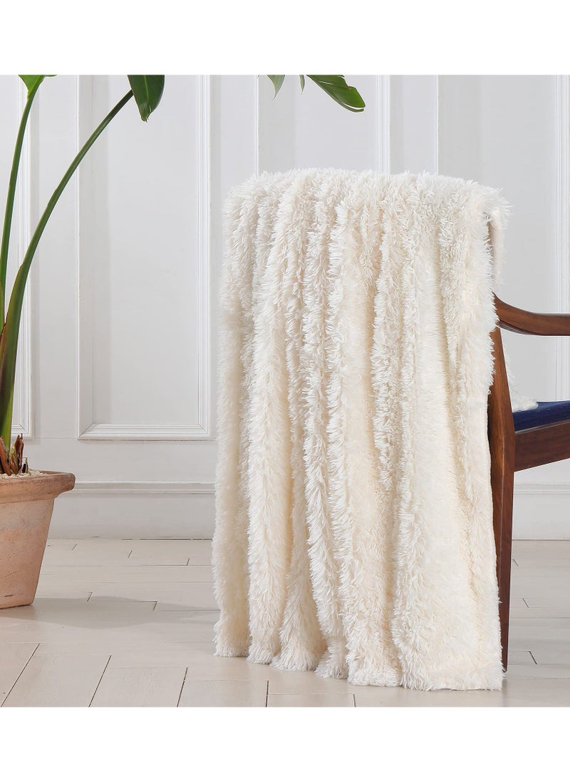 Y&D Decorative Extra Soft Fuzzy Faux Fur Throw Blanket 50" x 63", Solid Reversible Lightweight Long Hair Blanket, Fluffy Cozy Plush Comfy Microfiber Fleece for Couch Sofa Bedroom, Cream White  - Image 5
