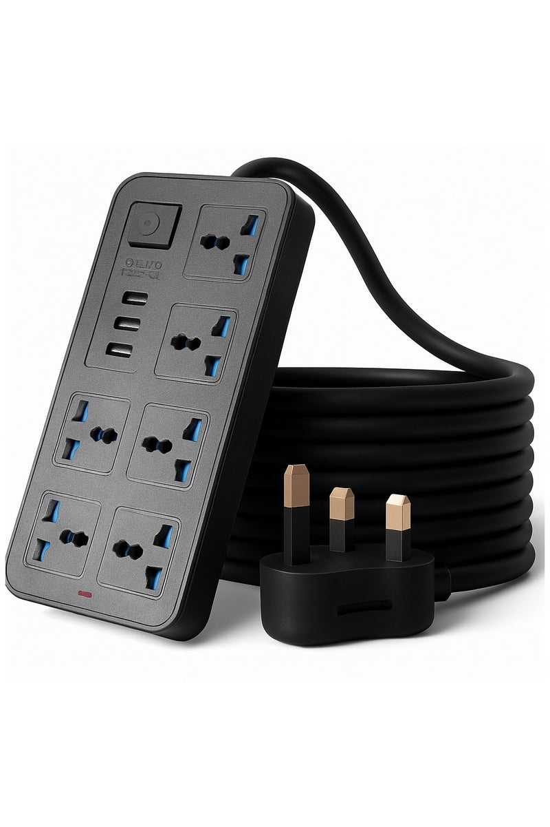 ترينفي سلك تمديد ترينديفاي بطول مترين | شريط طاقة بستة مقابس | سلك تمديد متعدد المقابس بستة اتجاهات مع حماية من التيار الزائد | شريط مقابس عالمي للمنزل والمكتب - مترين