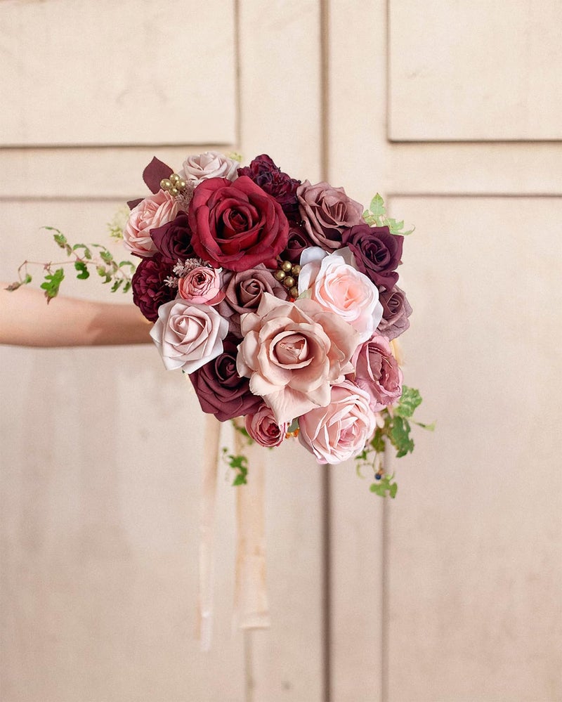 FACINOC Roses Artificial Flowers Burgundy Fake Flower Bulk for DIY Wedding Bouquet Bridal Baby Shower Centerpiece Table Decorations Cake Decorating Silk Faux Floral Arrangements Party Home Decor Dusty - Image 5
