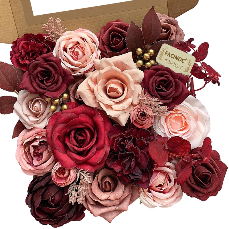 FACINOC Roses Artificial Flowers Burgundy Fake Flower Bulk for DIY Wedding Bouquet Bridal Baby Shower Centerpiece Table Decorations Cake Decorating Silk Faux Floral Arrangements Party Home Decor Dusty - Image 1