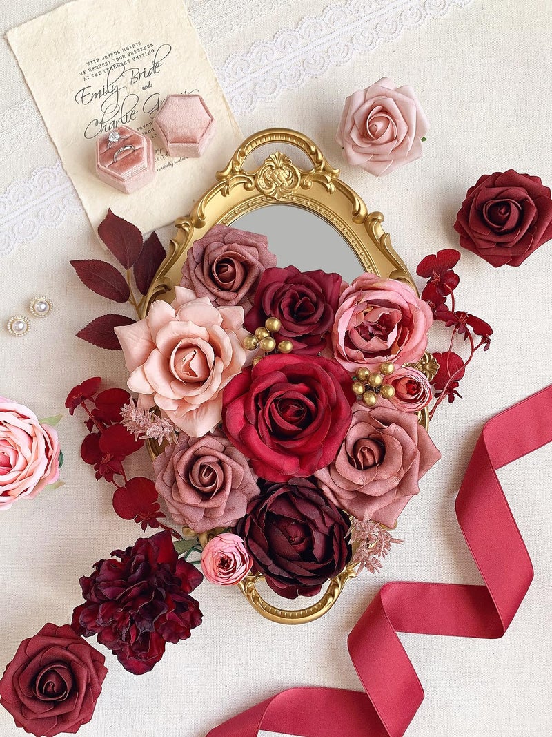 FACINOC Roses Artificial Flowers Burgundy Fake Flower Bulk for DIY Wedding Bouquet Bridal Baby Shower Centerpiece Table Decorations Cake Decorating Silk Faux Floral Arrangements Party Home Decor Dusty - Image 3