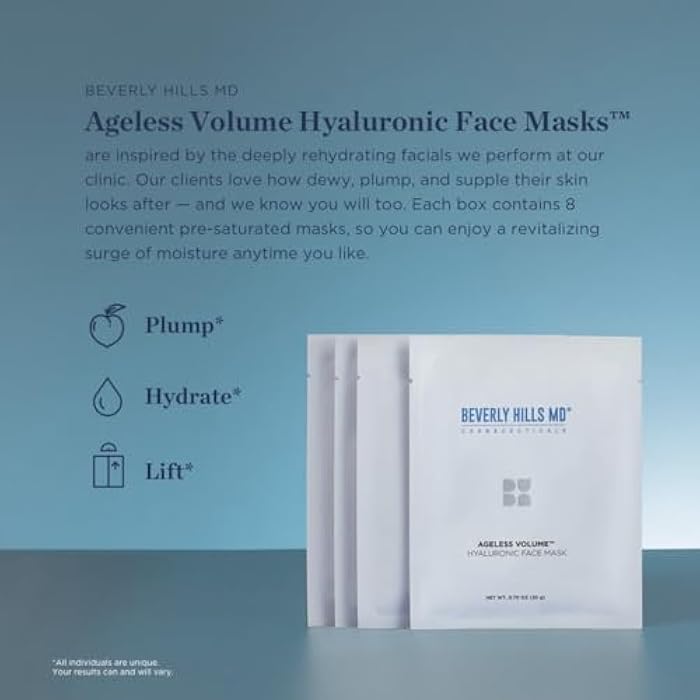 Beverly Hills MD Ageless Volume Hyaluronic Face Mask- Reduce Appearance of Wrinkles, Anti Aging Formula for Plump, Moisturized Skin- 8 Pack- Hydrating & Firming Gentle Sheet Mask - Image 2