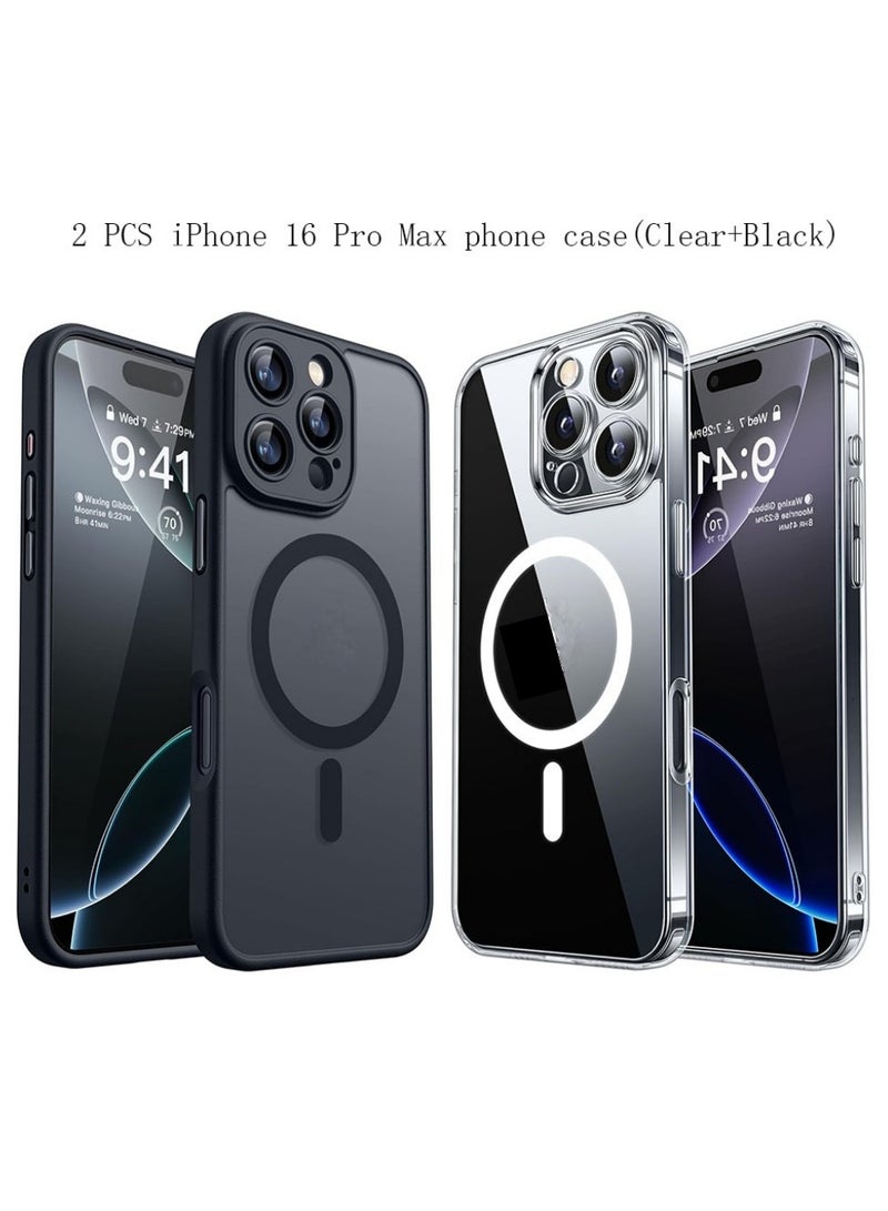 2 PCS Magnetic Compatible with iPhone 16 Pro Max Case, Upgraded [Full Camera Protection] [Compatible with Magsafe] [Translucent Matte] Shockproof Protective Phone Case Cover 6.9 Inch transparent, black - Image 1