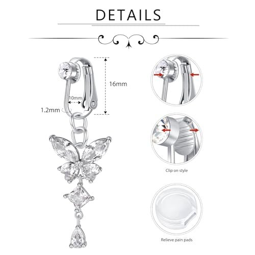 D.Bella Fake Belly Ring Fake Belly Piercing Clip on Belly Button Rings Surgical Steel Fake Belly Button Ring Fake Earrings Butterfly Non Piercing Jewelry - Image 2