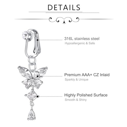 D.Bella Fake Belly Ring Fake Belly Piercing Clip on Belly Button Rings Surgical Steel Fake Belly Button Ring Fake Earrings Butterfly Non Piercing Jewelry - Image 3