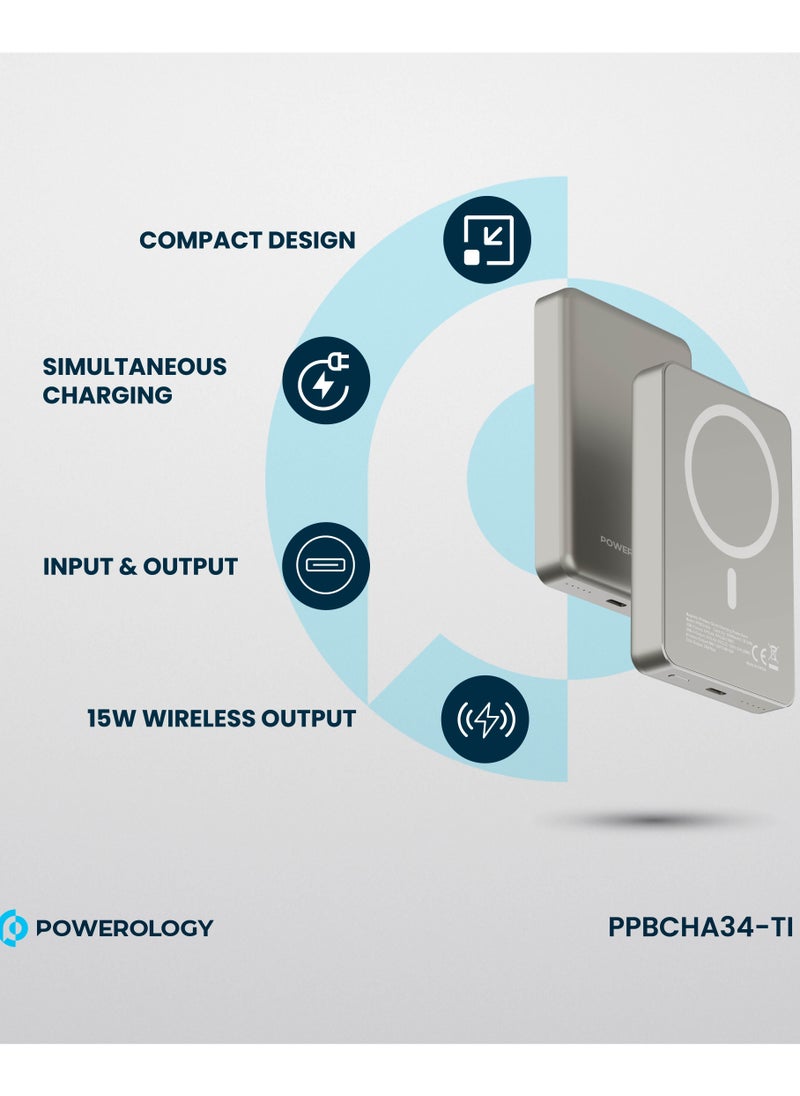 Powerology - 10000mAh MagSafe Power Bank 20W PD & 15W Wireless / Simultaneous Charging / Compact Design / USB-C Output & Input - Titanium - Image 1