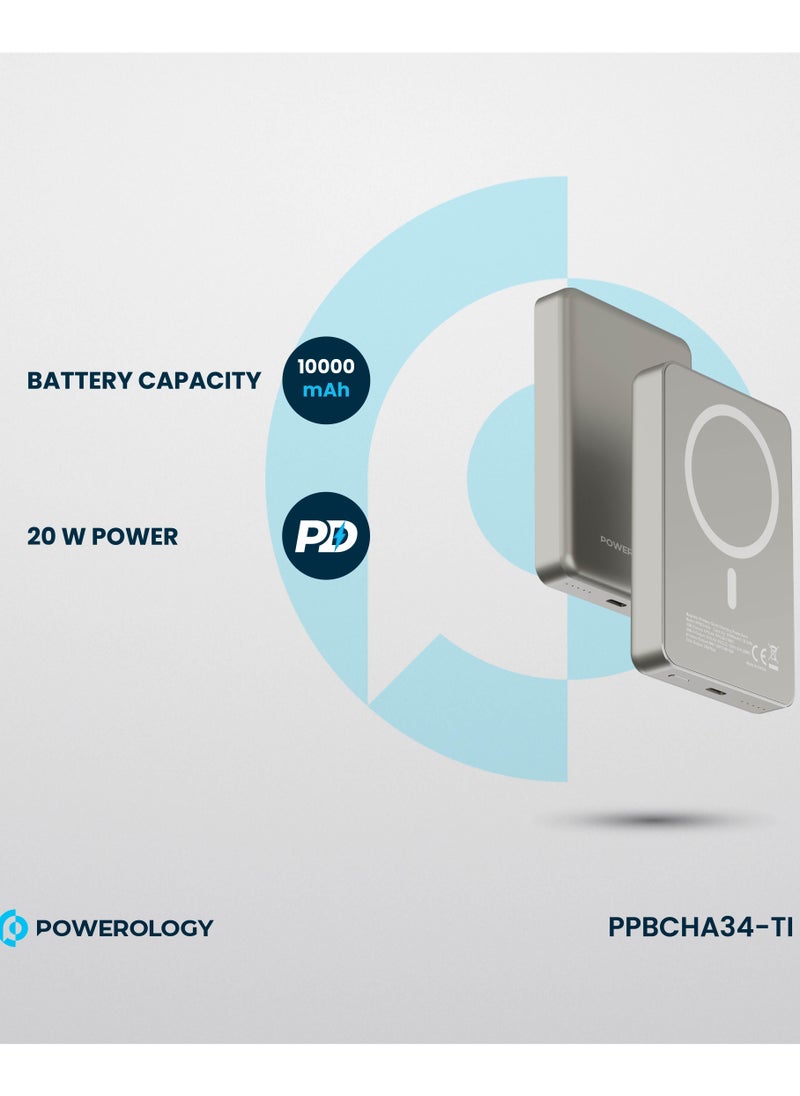 Powerology - 10000mAh MagSafe Power Bank 20W PD & 15W Wireless / Simultaneous Charging / Compact Design / USB-C Output & Input - Titanium - Image 1