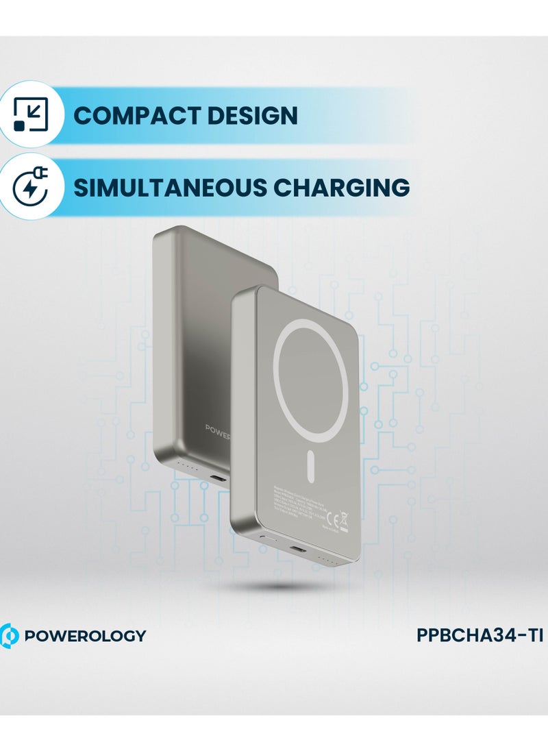 Powerology - 10000mAh MagSafe Power Bank 20W PD & 15W Wireless / Simultaneous Charging / Compact Design / USB-C Output & Input - Titanium - Image 1