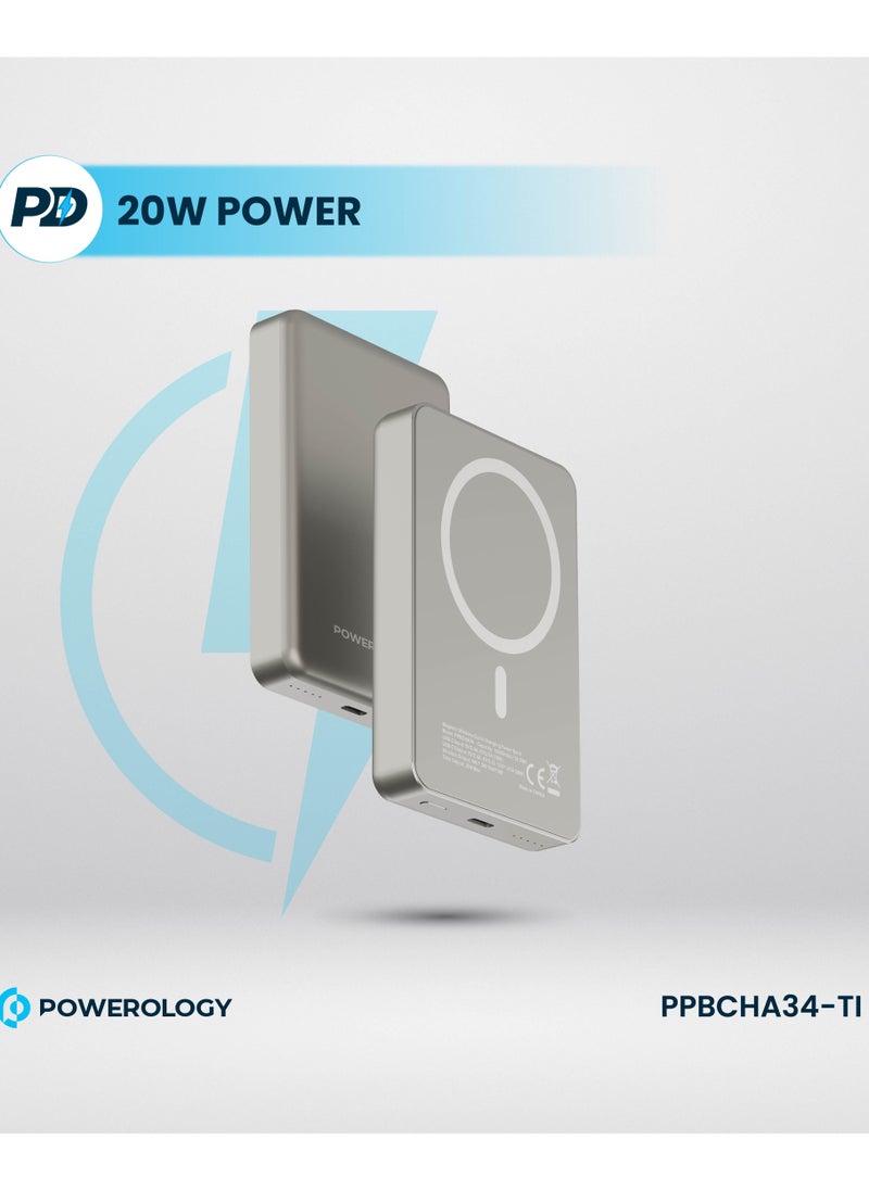 Powerology - 10000mAh MagSafe Power Bank 20W PD & 15W Wireless / Simultaneous Charging / Compact Design / USB-C Output & Input - Titanium - Image 1