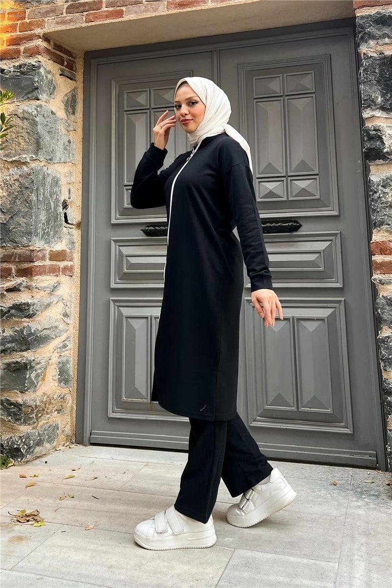 Sevda Zippered Long Plain Basic Coat Tracksuit Sportswear Set - 3044 - Black - Image 4