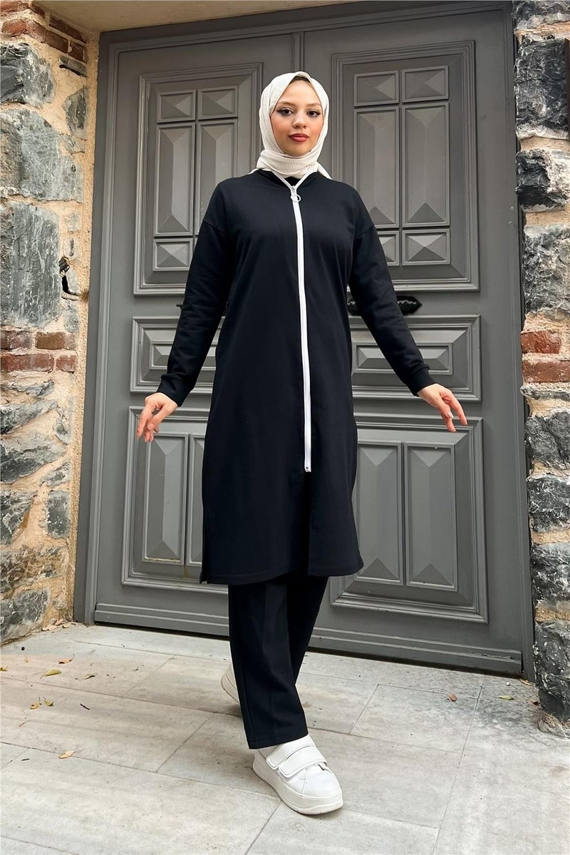 Sevda Zippered Long Plain Basic Coat Tracksuit Sportswear Set - 3044 - Black - Image 2