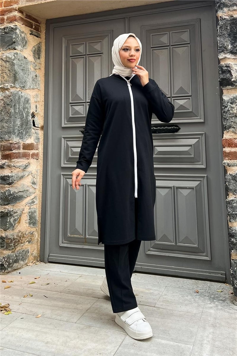 Sevda Zippered Long Plain Basic Coat Tracksuit Sportswear Set - 3044 - Black - Image 3