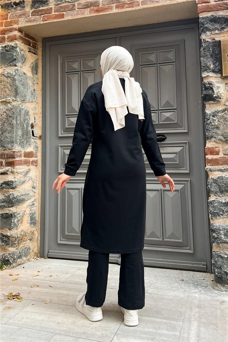Sevda Zippered Long Plain Basic Coat Tracksuit Sportswear Set - 3044 - Black - Image 5