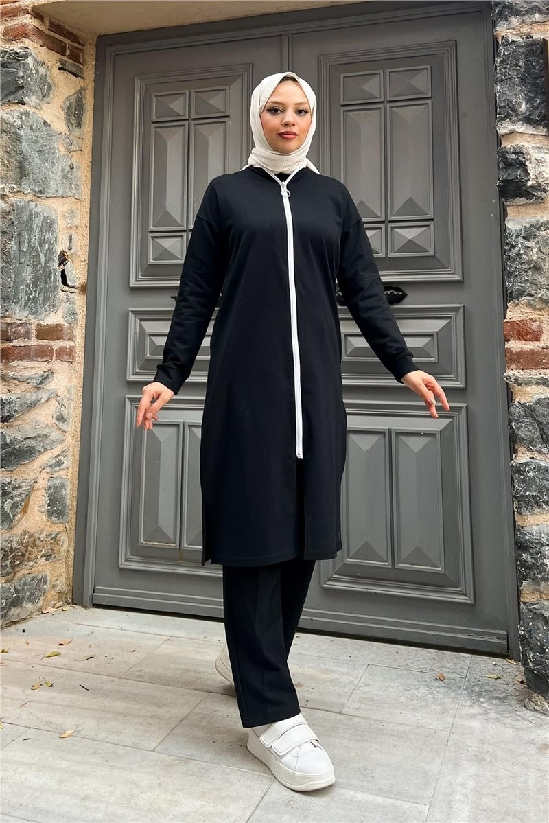 Sevda Zippered Long Plain Basic Coat Tracksuit Sportswear Set - 3044 - Black - Image 1