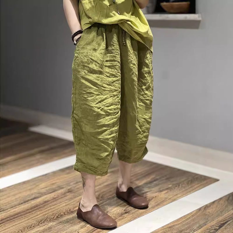 2025 Solid Color High-Waisted Cotton And Linen Loose Casual Versatile Plus-Size Harem Pants For Women - Image 2