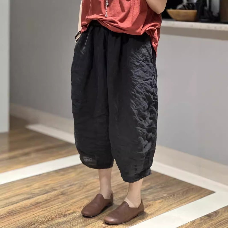 2025 Solid Color High-Waisted Cotton And Linen Loose Casual Versatile Plus-Size Harem Pants For Women - Image 4