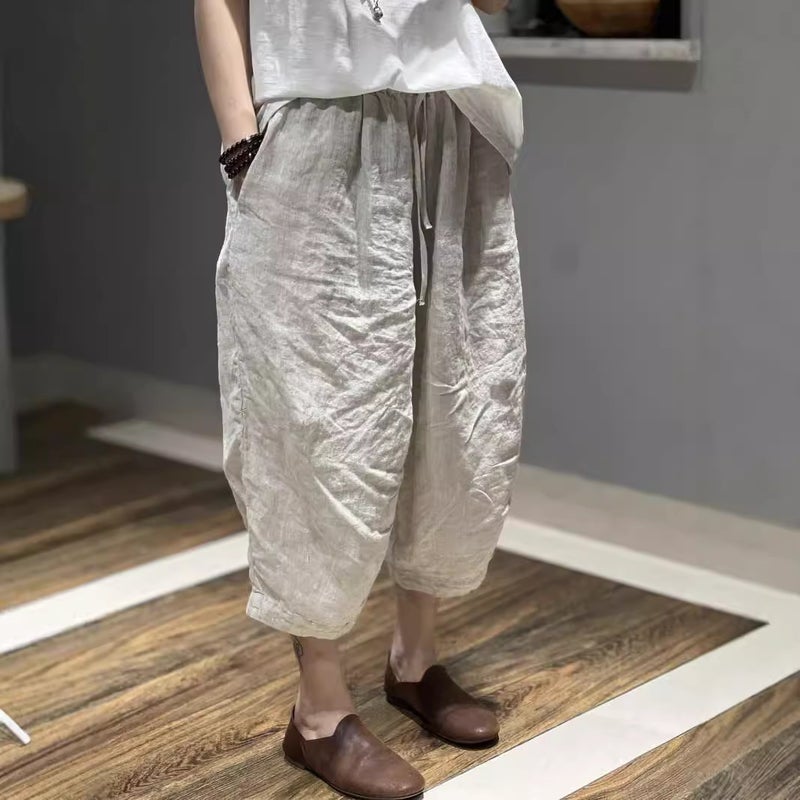 2025 Solid Color High-Waisted Cotton And Linen Loose Casual Versatile Plus-Size Harem Pants For Women - Image 3