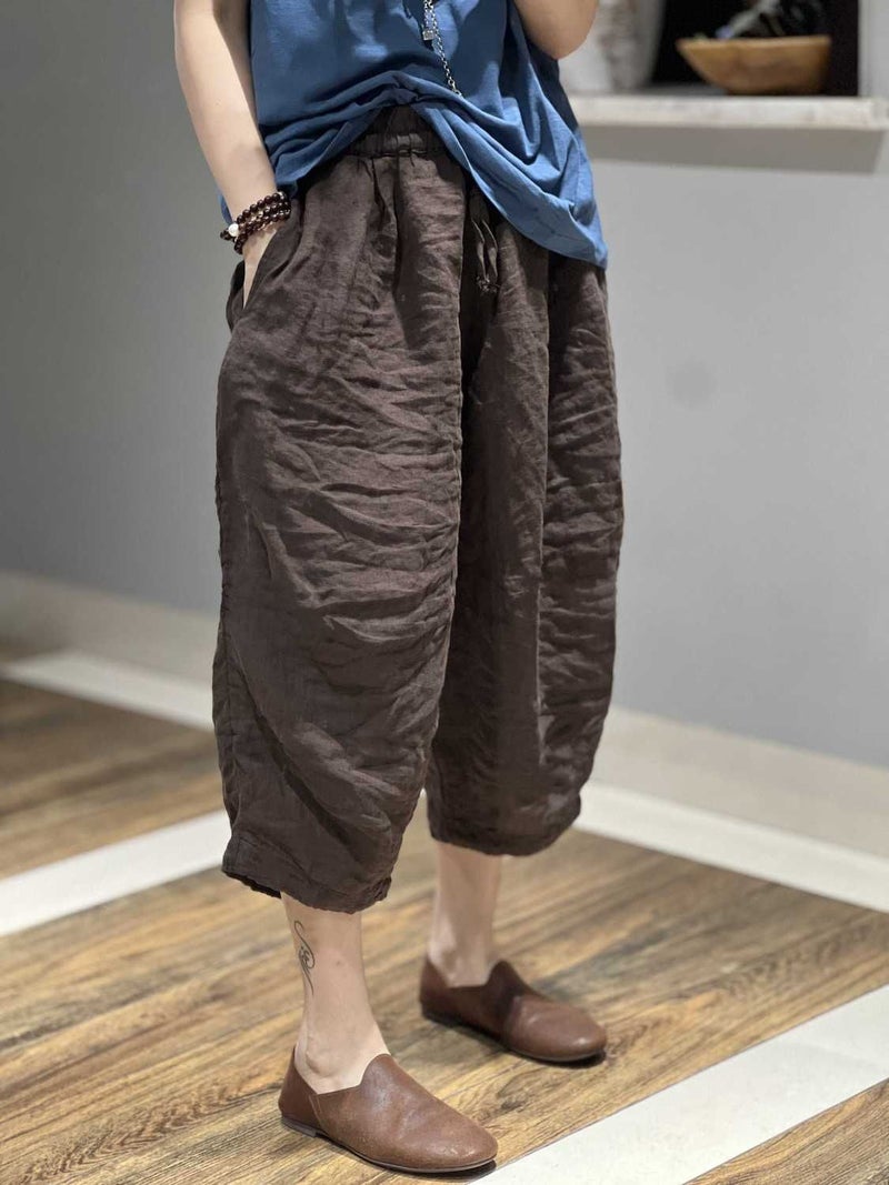 2025 Solid Color High-Waisted Cotton And Linen Loose Casual Versatile Plus-Size Harem Pants For Women - Image 1