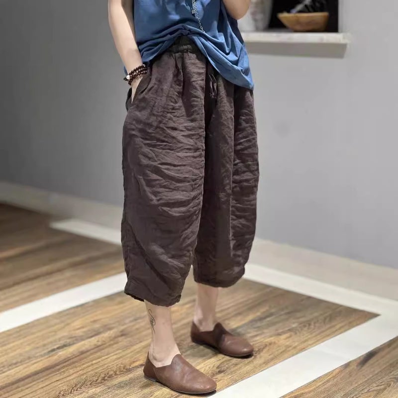 2025 Solid Color High-Waisted Cotton And Linen Loose Casual Versatile Plus-Size Harem Pants For Women - Image 5