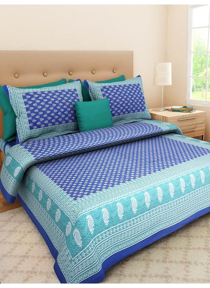 Queenie Queenie Brand Motif 144 TC 100% Cotton Double Bedsheet with 2 Pillow Covers, Blue  - Image 1