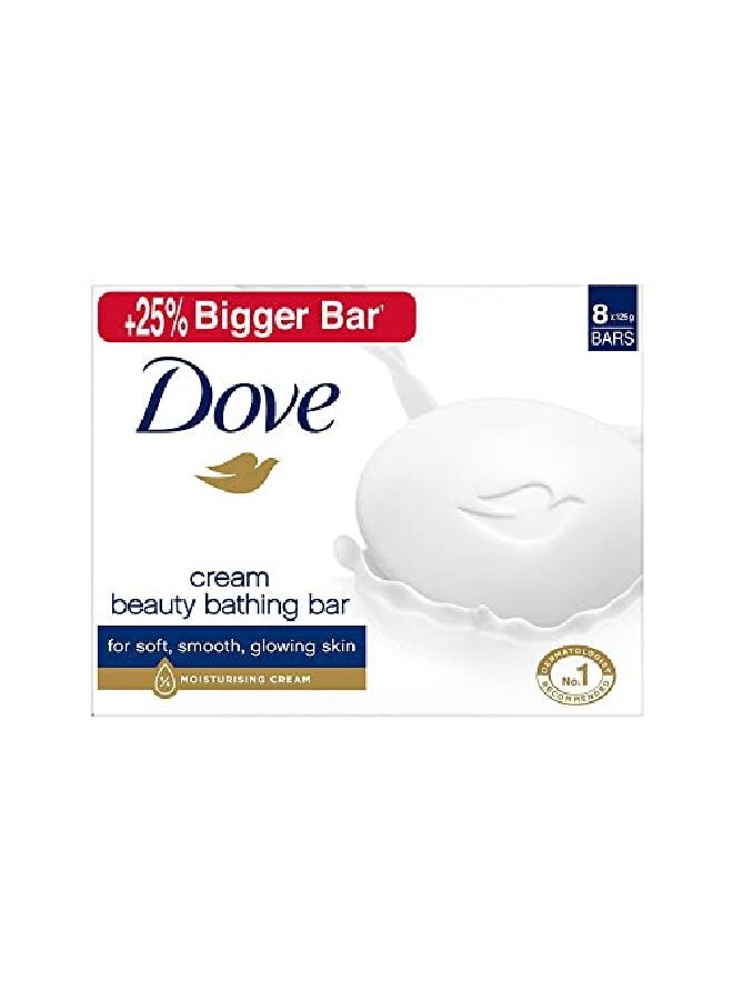 Dove Cream Bathing Beauty Bar With 1/4 Moisturising Cream For Soft Smooth Glowing Skin 125 G (Pack Of 8) White - Image 1