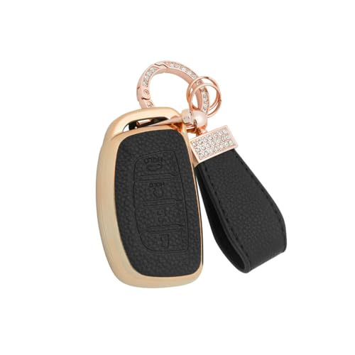 Keyzone Litchi Leather Textured TPU Key Cover & Keychain for Hyundai Alcazar, Creta 4 Button Smart Key (Black) - Image 1