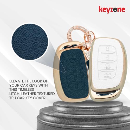 Keyzone Litchi Leather Textured TPU Key Cover & Keychain for Hyundai Alcazar, Creta 4 Button Smart Key (Black) - Image 4