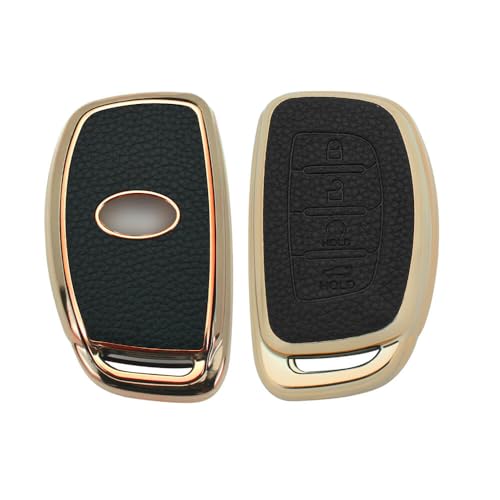 Keyzone Litchi Leather Textured TPU Key Cover & Keychain for Hyundai Alcazar, Creta 4 Button Smart Key (Black) - Image 2