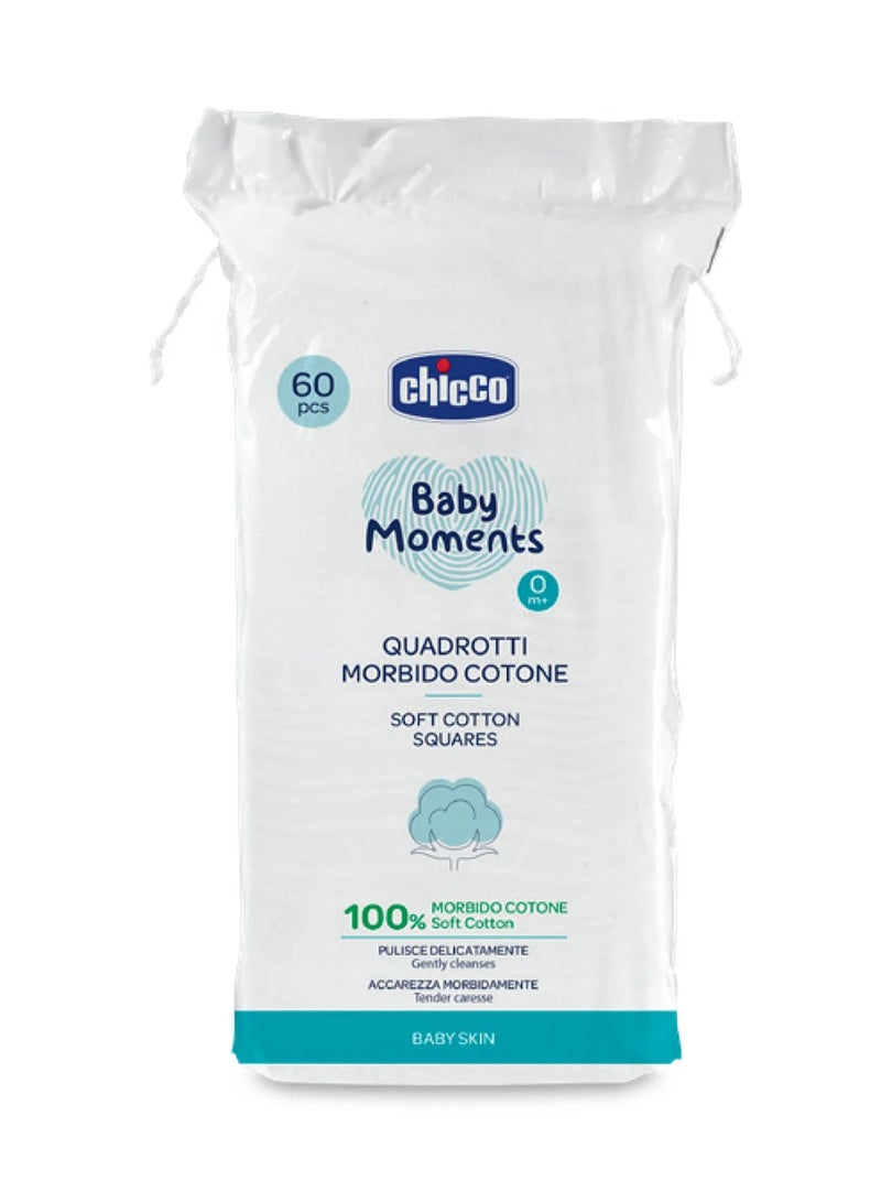 Chicco Baby Moments Soft Cotton Squares 60Pieces - 100% Pure Cotton with Vegetal Glycerin for Baby Skin Care