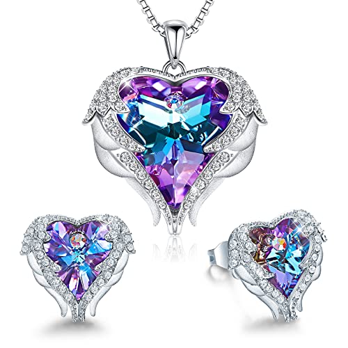CDE Jewelry Set for Women, Angle Wing Heart Pendant Necklaces and Earrings with Birthstone, Birthday Ideal Jewelry Gifts for Women Mom/Wife/Sister/Best Friend - Image 1