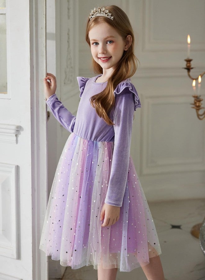 Arshiner Girls Velvet Dress Toddler Tutu Tulle Ruffle Birthday Party Fairy Dresses Purple Rainbow 3t - Image 4