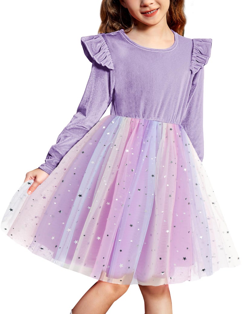 Arshiner Girls Velvet Dress Toddler Tutu Tulle Ruffle Birthday Party Fairy Dresses Purple Rainbow 3t - Image 1