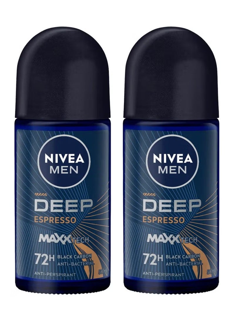 Nivea Pack Of 2 Deodorant Men Roll On Deep Black Carbon With Espresso Scent 50ml