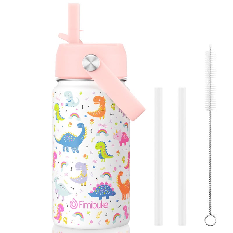 Fimibuke Kids Insulated Water Bottle 14oz BPA FREE 188 Stainless Steel Travel Tumbler Double Wall Vacuum Leak Proof Kids Cup with Straw Metal Bottle for School Boys Girls1 Pack WHITE DINOSAUR