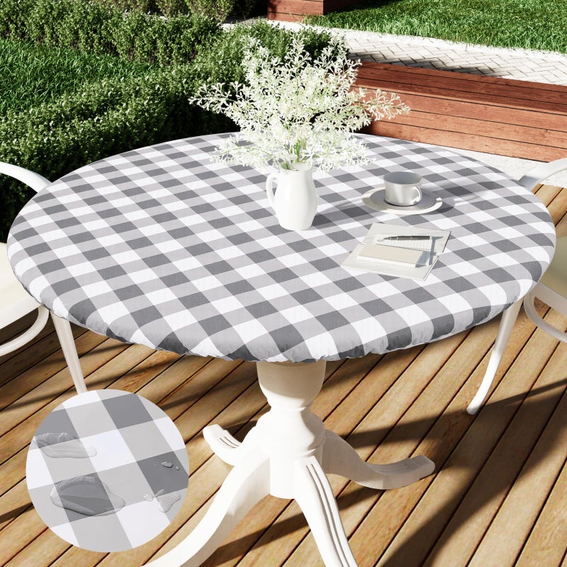 Smiry Round Picnic Table Cloth Elastic Waterproof Fitted Vinyl Tablecloth for 4556 Tables Flannel Backed Buffalo Plaid Table Covers for Dining Camping Outdoor White and Grey