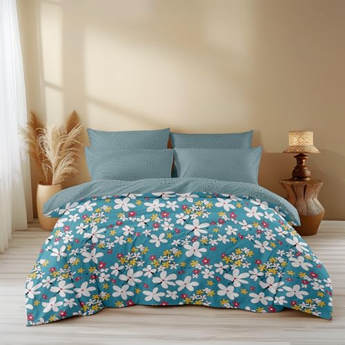 LOOMLYFE 300 TC All Season King Size AC Comforter || Blanket || Duvet with 1 King Size Elastic Fitted Bedsheet and 2 Large Pillow Cover - 4 Piece Comforter Set - SkyBlueFlower - Image 1