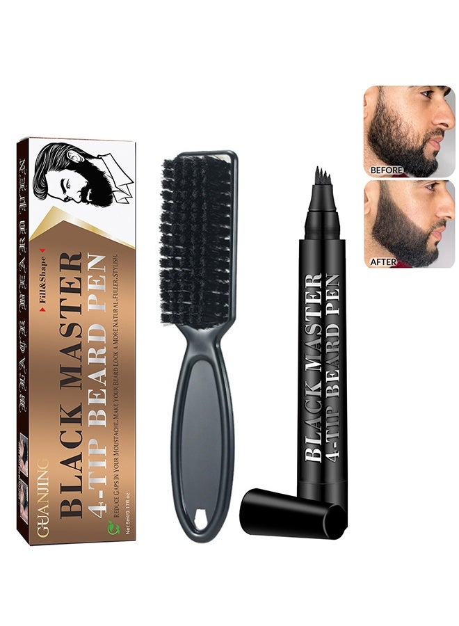 GUANJING 4-Tip Beard Pen Black Master - Waterproof Men's Beard Pen Beard Care Beard Filling Pen Set, Durable Cover, Natural Appearance(Black)  - Image 1