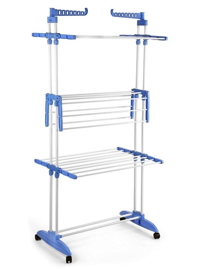 MARGOUN Clothes Drying Rack, Large 4-tier Collapsible Clothes Airer Indoor and Outdoor Retractable Garment Laundry Rack With Foldable Wings and Lockable Casters / Blue Color - Image 3