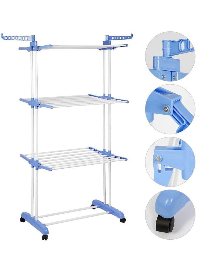 MARGOUN Clothes Drying Rack, Large 4-tier Collapsible Clothes Airer Indoor and Outdoor Retractable Garment Laundry Rack With Foldable Wings and Lockable Casters / Blue Color - Image 5